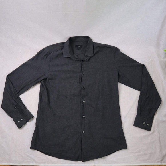 Hugo Boss Slim Fit Long Sleeve Button-Up Shirt Dark Gray Size 41/16 Turkey - Picture 2 of 8